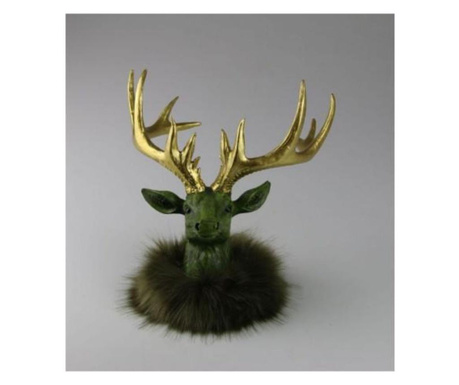 Decoratiune Craciun Deer head green fur collar, 10x11 cm