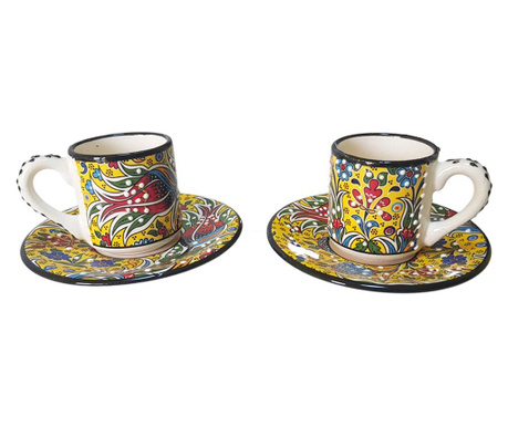 Set cafea turceasca ceramica, pictat manual, 4 piese, galben colorat, EHA