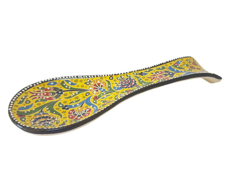 Suport lingura pictat manual, galben cu flori, 23,5x8,5x2 cm, handmade, ceramic, EHA