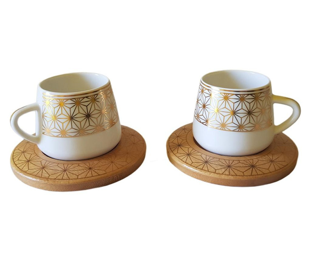 Set 2 cani pentru cafea turceasca, din portelan cu suport din bambus, Bambum Nakkas, 10.7x6 cm