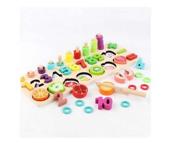 Joc logaritmic Montessori 5 in 1, din lemn cu fructe de taiat