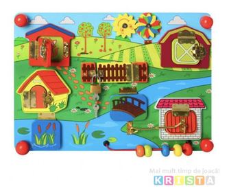 Plansa Montessori cu 9 activitati, casutele si lacatele, din lemn