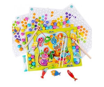Joc Montessori de dexteritate si pescuit Fishing Beads, din lemn