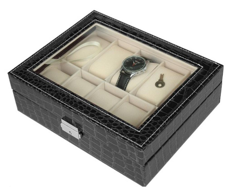 Елегантна кутия за съхранение с отделения за 10 часовника, крокодилски печат, Премиум модел с ключ, черен, Пуф