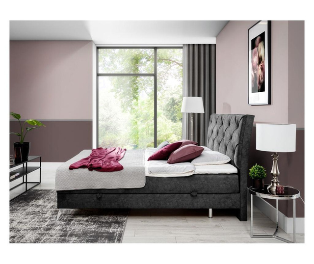 Pat boxspring cu spatiu pentru depozitare Eltap, Adel Dark Gray, rama din lemn, 140x200 cm