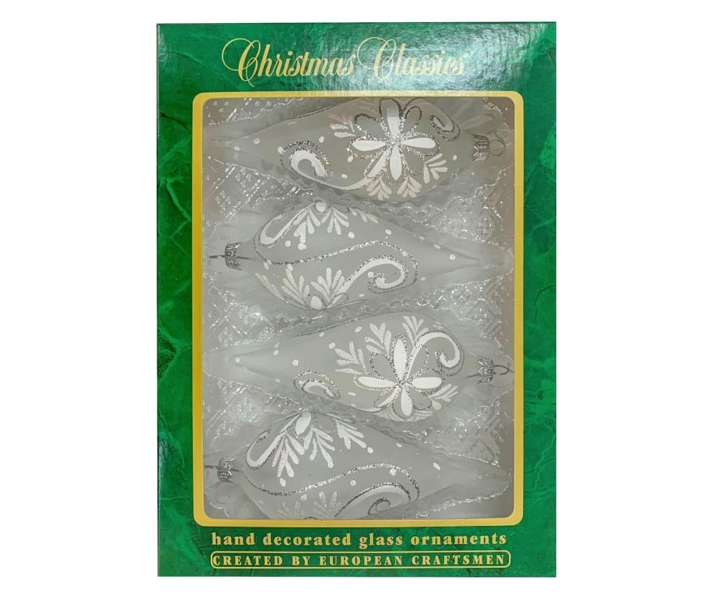 Set 4 globuri clasice din sticla suflate si pictate manual, Argcoms, Flori de gheata cu pictura, Albe, 55 mm, Conice