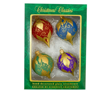 Set 4 globuri clasice din sticla suflate si pictate manual, Argcoms, Fabrica lui Mos Craciun, Ornament galben-auriu, Multicolore