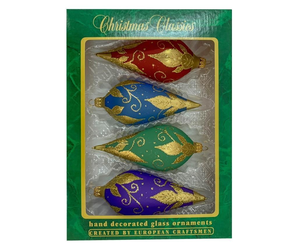 Set 4 globuri clasice din sticla suflate si pictate manual, Argcoms, Ornament galben-auriu, Multicolore, 55 mm, Conice