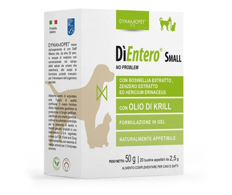 Хранителна добавка за котки и кучета от малки породи Dynamopet DiEntero Small, предназначена да подпомага нормалните храносмилат