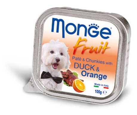 Пастет и хапки за кучета с патица и портокали MONGE FRUIT Pate & Chunkies Duck & Orange, 100гр
