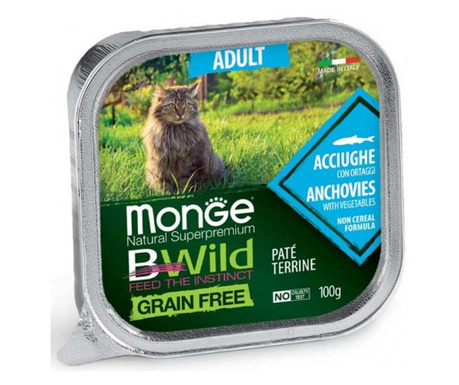 Пастет за котки Monge Natural Superpremium BWild Grain Free Adult, с аншоа и зеленчуци,100гр