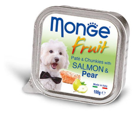 Пастет и хапки за кучета със сьомга и круши MONGE FRUIT Pate & Chunkies Salmon & Pear, 100гр