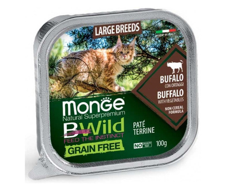 Пастет за подрастващи котенца и възрастни котки от едрите породи Monge BWILD Grain Free Large Breeds, без зърнени храни, с бивол