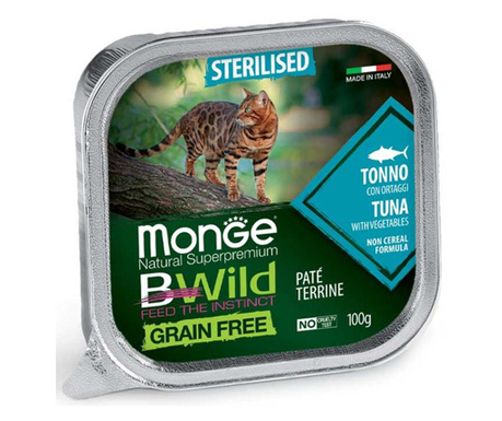 Пастет за кастрирани котки Monge BWILD Grain Free Sterilised, без зърнени храни, с риба тон и зеленчуци, 100гр