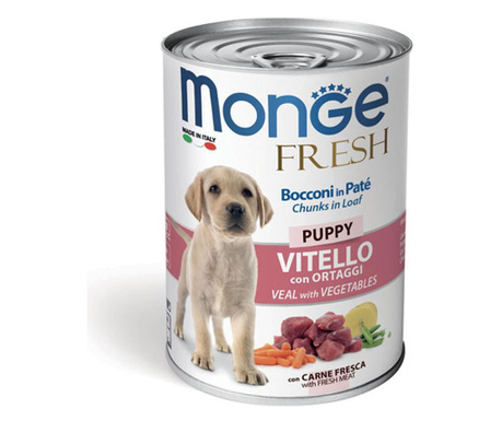 Хапки в пастет за подрастващи кученца от отбиването до 1г. Monge Fresh Puppy, с телешко месо и зеленчуци, 400гр