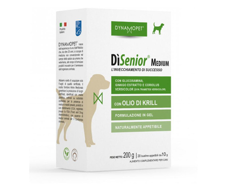 Хранителна добавка за кучета от средни породи Dynamopet DiSenior Medium, разработена за насърчаване на успешното стареене при ку