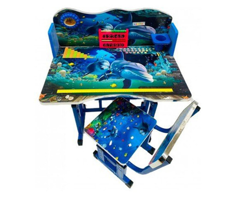 Birou cu scaun pentru copii, reglabile, cadru metalic si lemn, albastru, Ocean B2 - Krista®