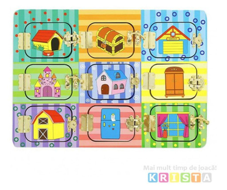 Plansa Montessori cu 9 activitati, usile si lacatele, din lemn