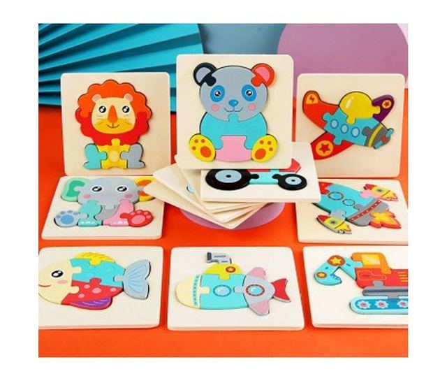 Puzzle 3D mini pastel, 12 modele, din lemn