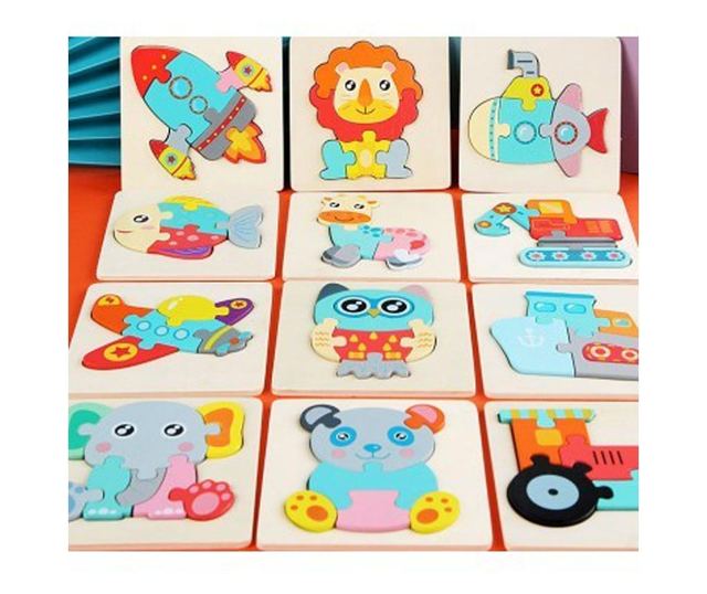 Puzzle 3D mini pastel, 12 modele, din lemn