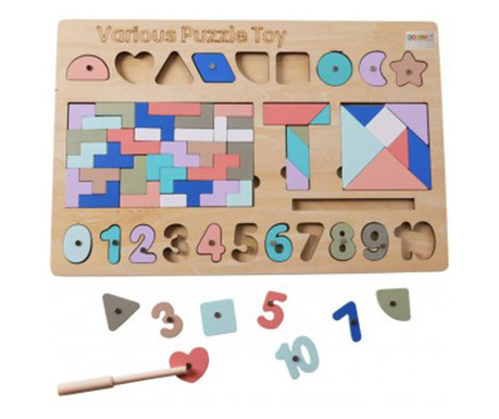 Joc Montessori 5 in 1, cu tangram, tetris si piese magnetice, din lemn