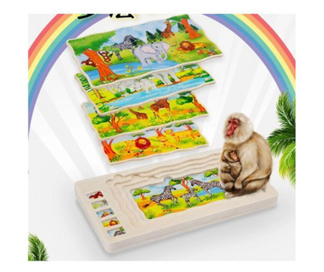 Puzzle suprapus Viata animalelor in jungla, din lemn