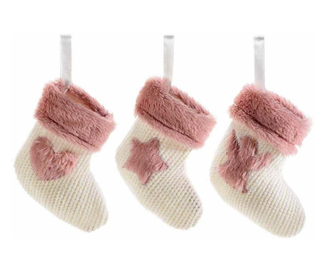 Set 3 ciorapi suspendabili din textil alb roz 12x13 cm