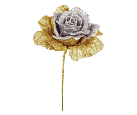 Trandafir artificial cu sclipici argintiu auriu Ayres 10x4x20 cm Bizzotto