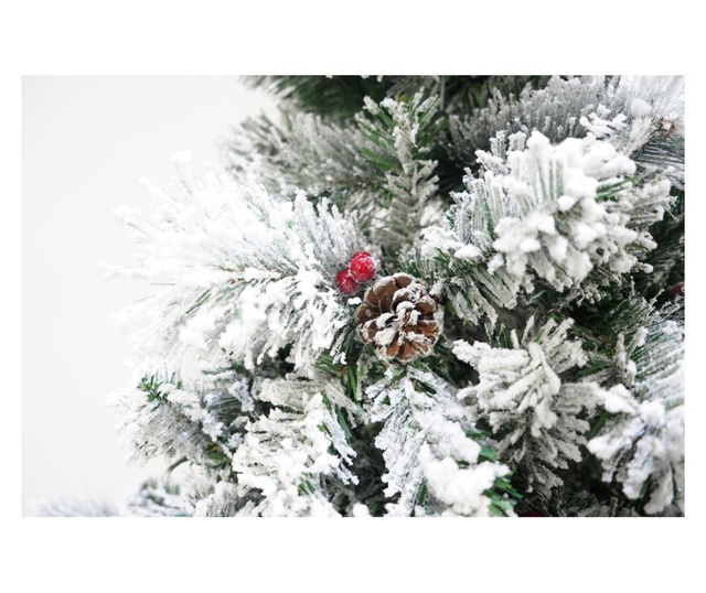 Brad artificial de Craciun nins, decorat cu conuri pin, pentru interior/exterior, inaltime 210 cm, diametru 131 cm, 630 ramuri,