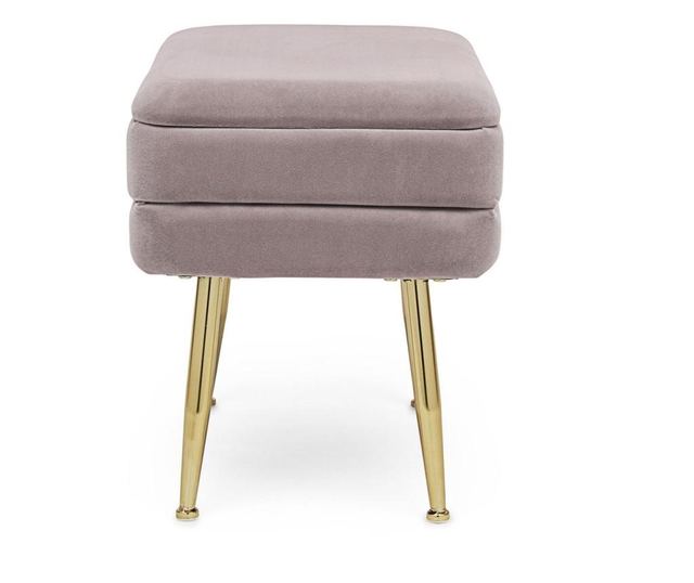 Klupa s prostorom za odlaganje, zlatnim željeznim nogama i presvlakom od ljubičastog velura Pavlina 50 cm x 34,5 cm x 42 h
