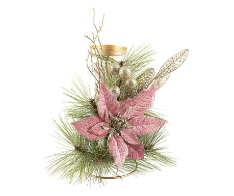 Arany fém gyertyatartó mesterséges karácsonyfával és rózsaszín karácsonyfával 25 cm