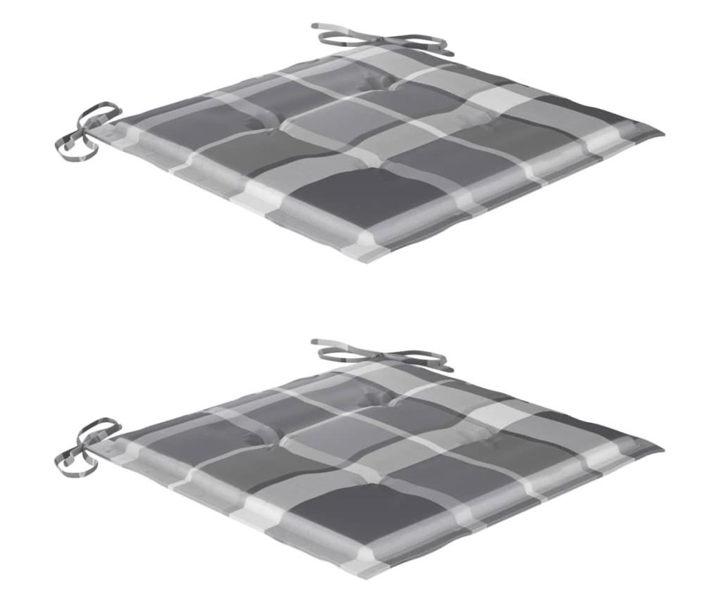 Градински столове, сиви карирани възглавници, 2 бр., Масивно тиково дърво - 5