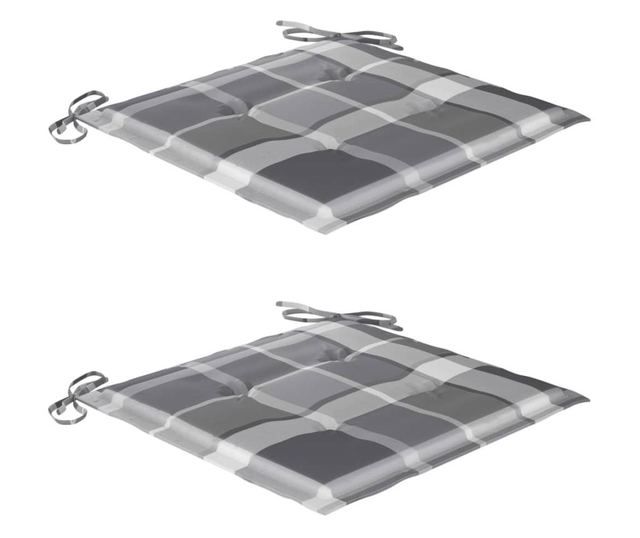 Градински столове, сиви карирани възглавници, 2 бр., Масивно тиково дърво