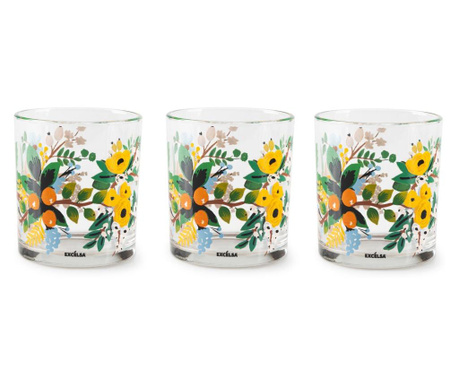 Set 3 pahare Excelsa, Fiori Frida, sticla, transparent/multicolor, 250 ml