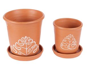 Set ghivece decorative, D E C O R I S S, pictate manual, ilustratie frunze de Monstera, culoarea alb și maro
