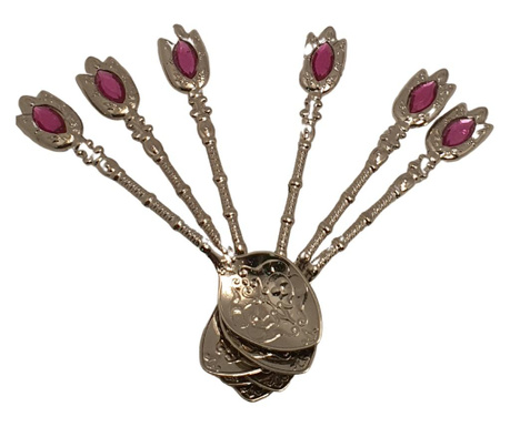 Set 6 lingurite metalice, model oriental, cu piatra decorativa roz