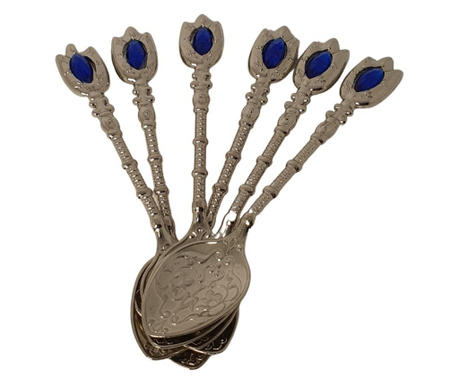 Set 6 lingurite metalice, model oriental cu piatra decorativa albastra