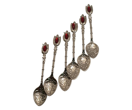 Set 6 lingurite metallice, model orietnal, cu piatra decorativa corai