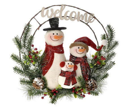 Coronita artificiala Craciun decorata Family Snowman, 70 cm