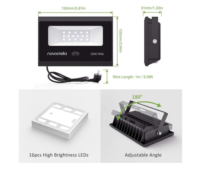 Комплект Прожектор Novostella, WiFi, LED, 20W, RGBCW, 2бр, Черен