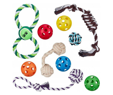 Set 10x jucarii pentru catei, mixte, din bumbac si plastic, Gonga® Multicolor