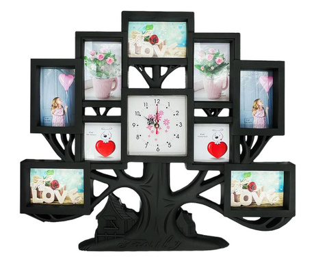 Rama foto Copac Arborele vietii mare cu ceas, colaj 9 poze, Createur, Negru, 66 x 57 cm