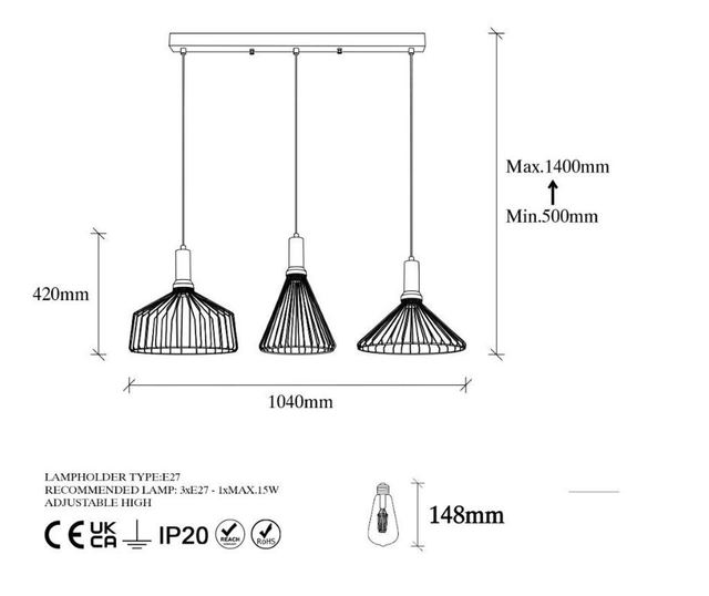 Lustra Fulgor, Dear, metal, No Bulb, max. 15 W,  E27 , negru, 104x34x140 cm