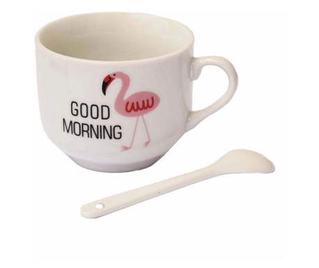 Керамична чаша и чаена лъжичка Pufo, модел Good Morning Flamingo, 120 мл, бяла