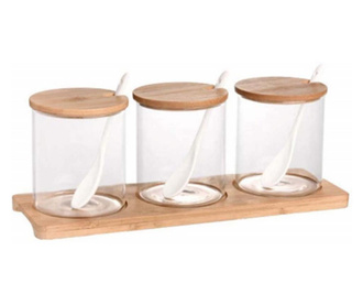 Set 3 recipiente Pufo Sole pentru zahar, cafea, ceai sau alte condimente, cu lingurita si suport din lemn