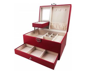 Cutie eleganta de dama Pufo Glamour pentru depozitare si organizare bijuterii si accesorii, model etajat, rosu