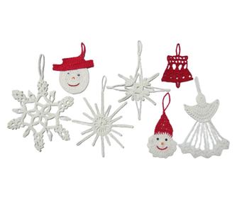 Set 7 globuri crosetate pentru bradul de Craciun, HANDMADE, bumbac mercerizat premium, alb si rosu