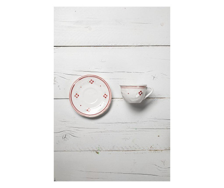 ceasca si farfurioara Luxe Lodge, ceramica, alb/rosu, 10x10x7 cm