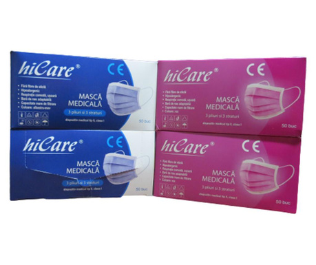 Комплект медицински маски HiCare, BFE> 99%, 3 слоя, 3 гънки, синьо-лилаво и розово, 200 бр.