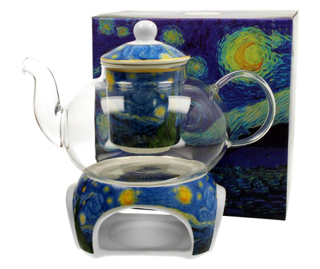 Ceainic cu infuzor si incalzitor Duo, Starry Night, sticla temperata, multicolor, 1 L